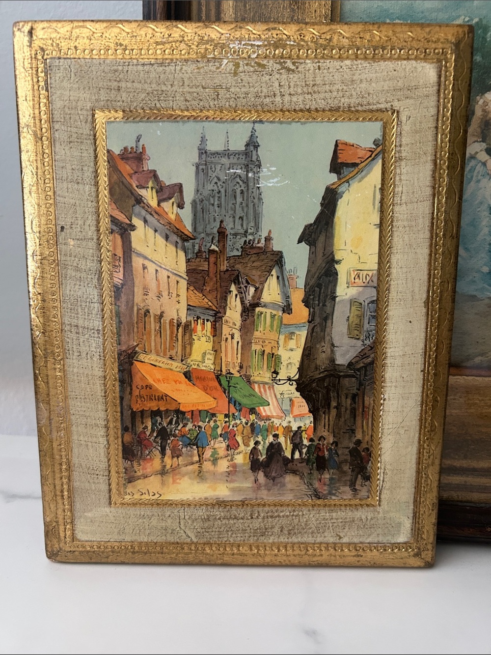 Vintage Street Market Painting with Gold Frame and Orange Awnings